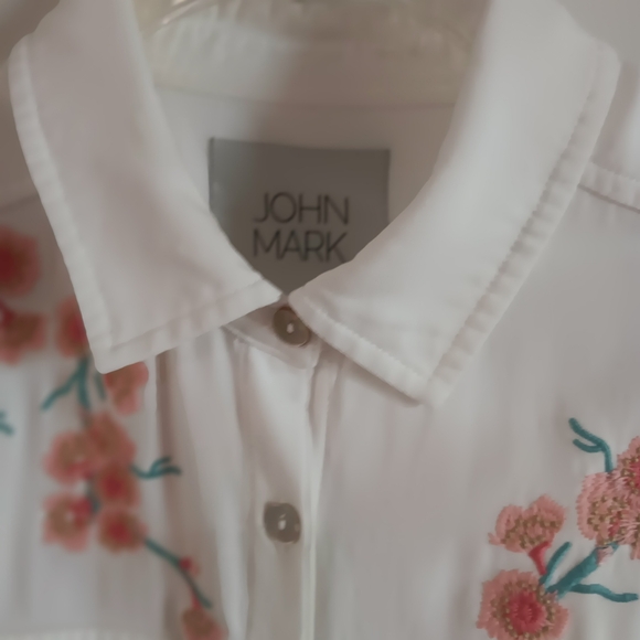 JOHN MARK Button Front Raw Bottom Hem Pocket Front Embroidered Shirt Dress Med - Picture 6 of 14